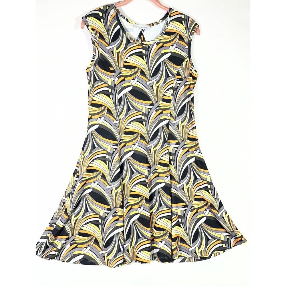 Keren Hart Dress Women S Yellow Grey Abstract Swirl Fit/Flare Keyhole Boho 70's
